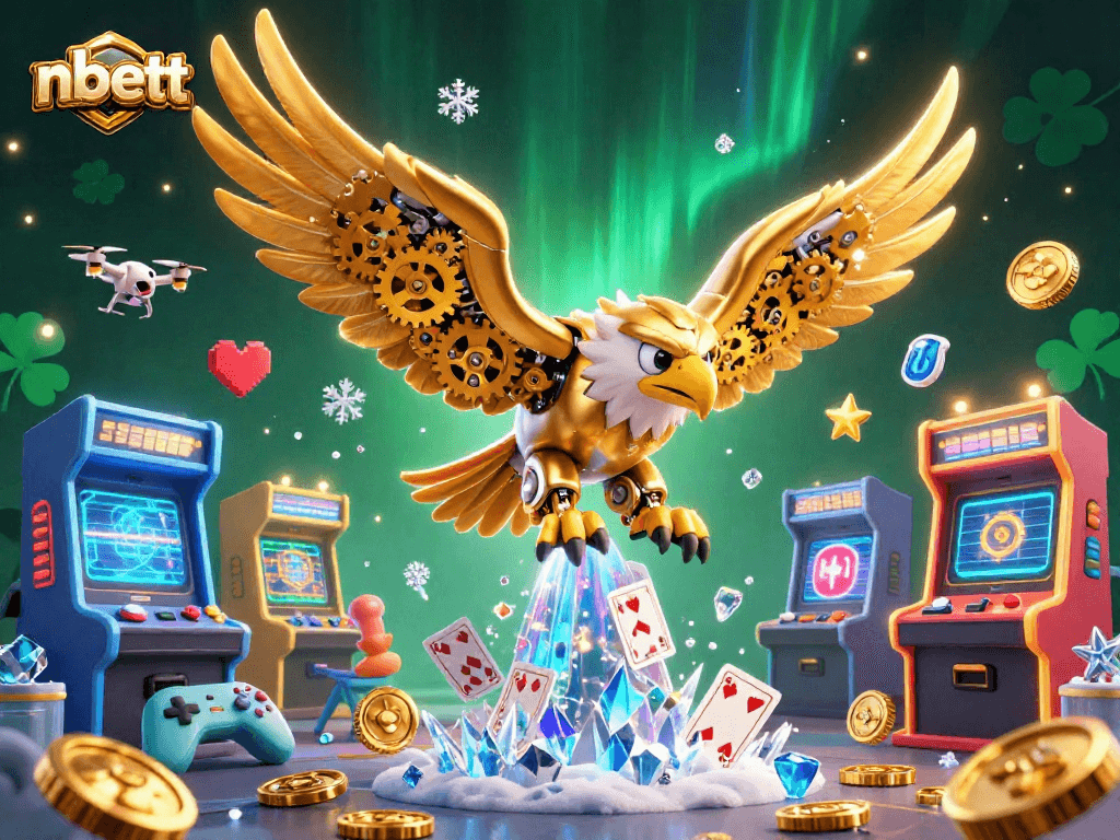 Experience thrilling wins with nbett as a cybernetic eagle navigates vibrant casino elements.
