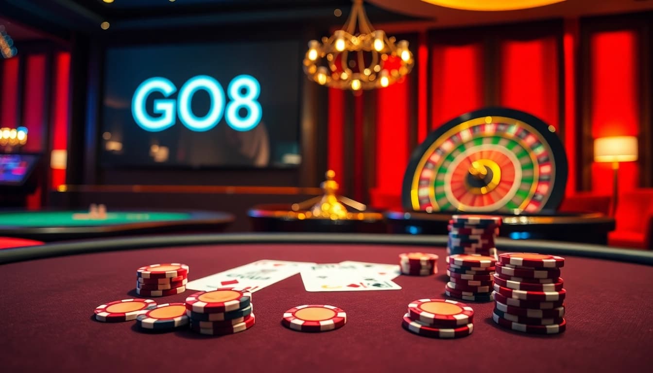 Gambling excitement at a high-stakes gaming table with GO8 displayed prominently.