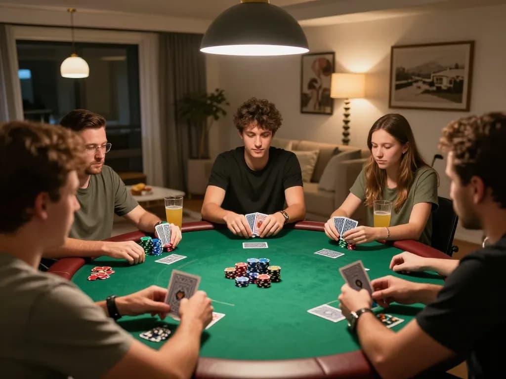NhatVIP players engaging in a strategic poker night with friends at home, showcasing camaraderie and focus