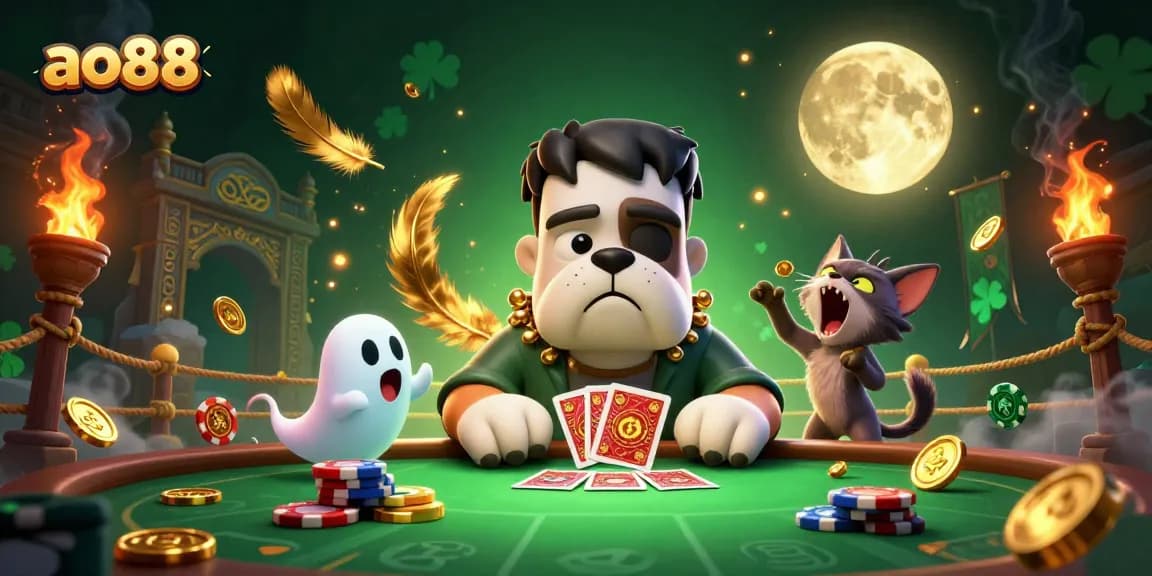 A vibrant ao88 casino illustration featuring a Frankenstein bulldog dealing cards and a ghost mouse among golden elements.