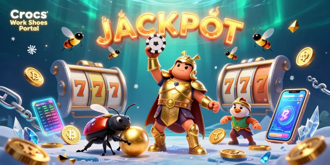 Crocs Work Shoes Portal: Celebrate your big wins with a vibrant 3D casino scene featuring beetles and jackpot elements.
