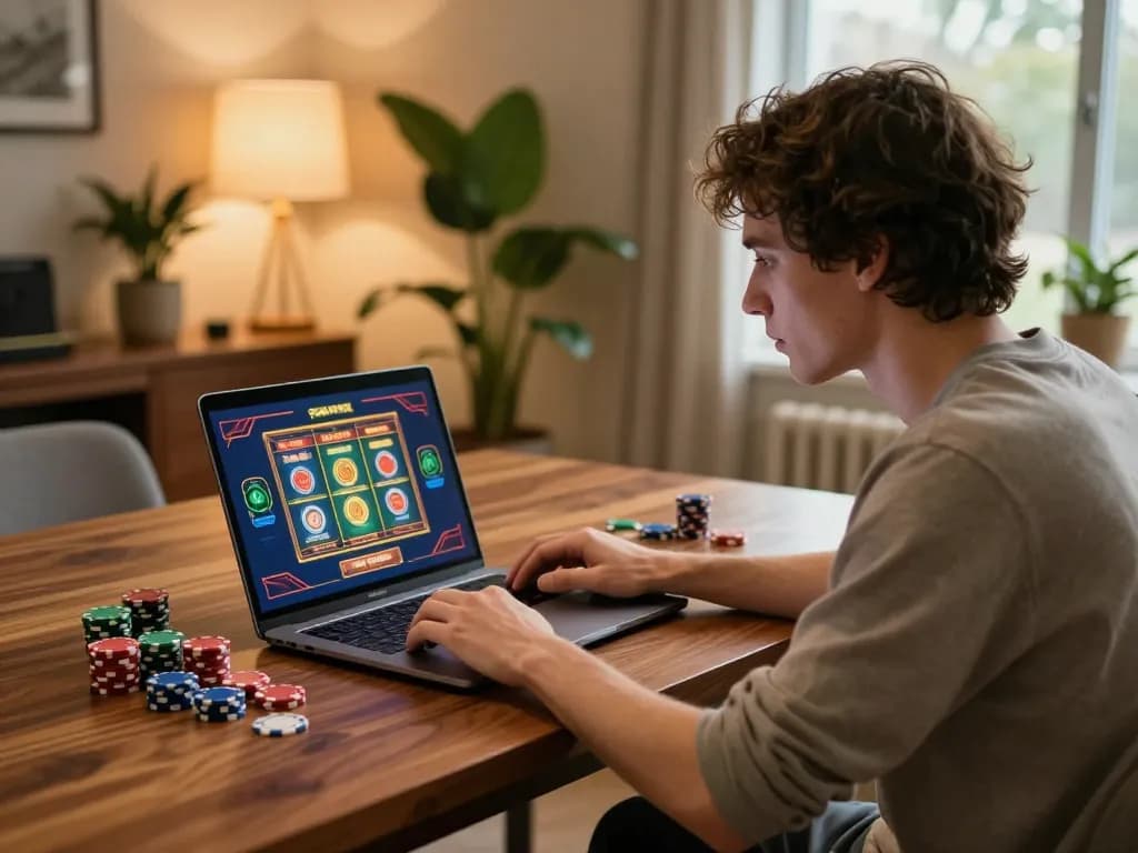 Orang menikmati sesi permainan strategi di kasino online deluna4d dengan antarmuka slot yang cerah dan suasana yang nyaman.