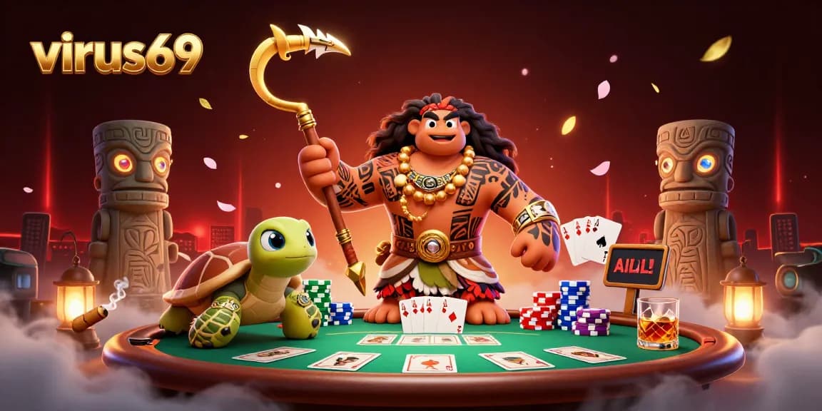 Engage with virus69 at an online poker table surrounded by friendly characters and vibrant game elements.