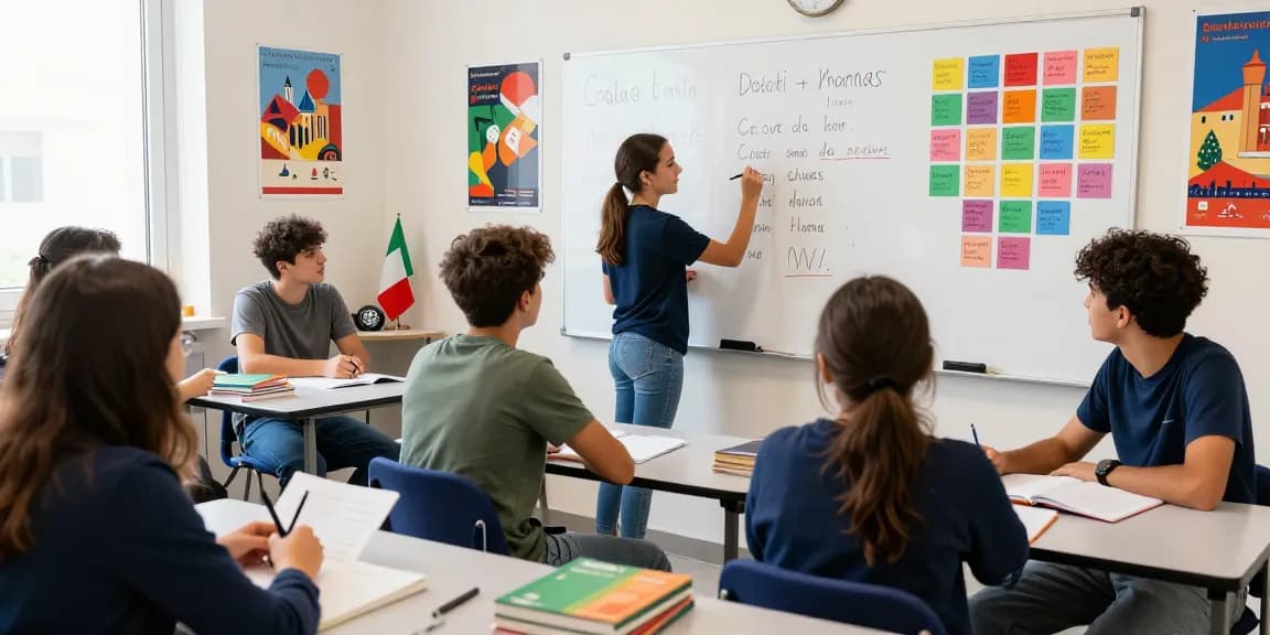 Students learning Italian language concepts in a vibrant classroom, featuring interactive activities to enhance their skills.