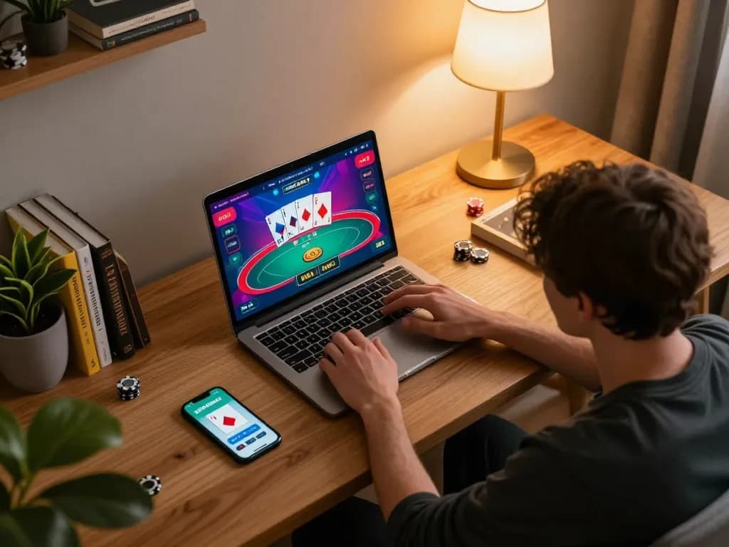 Player enjoying a live poker game on 23WIN from home, smart casual atmosphere with vibrant screen and cozy decor.