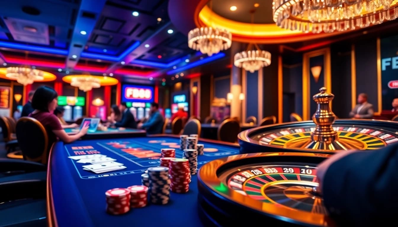 Exciting gambling action at https://fb886.org/ with casino tables and vibrant poker chips.