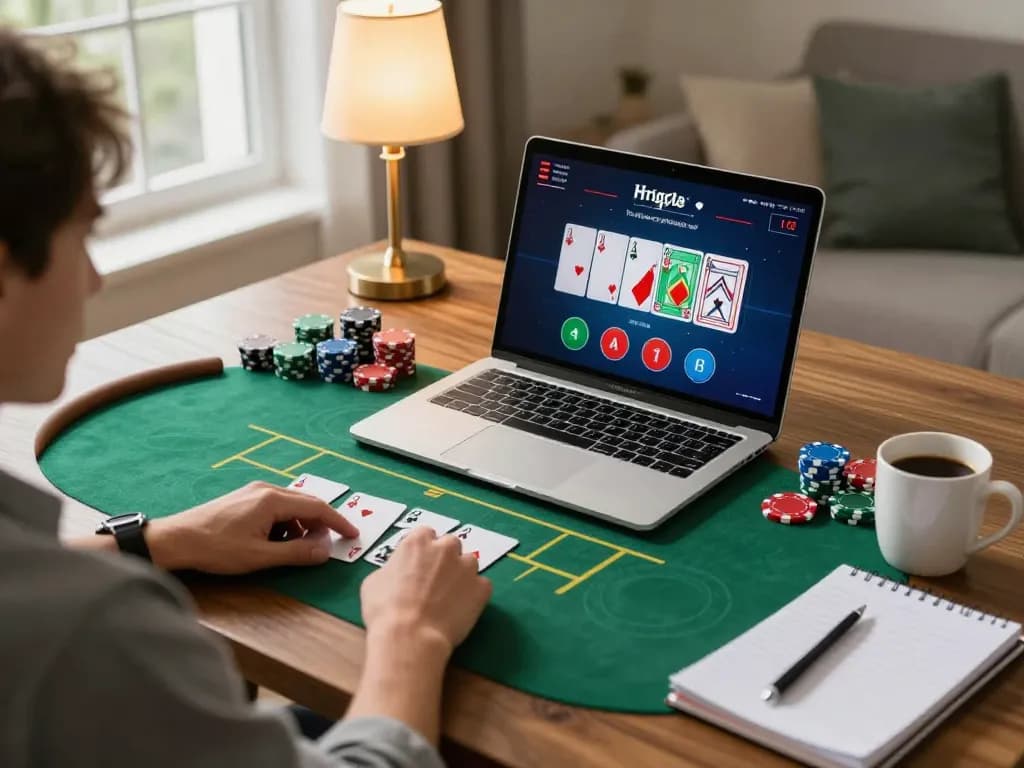 Engaging in online poker gameplay on a laptop at home while exploring MMOO COM