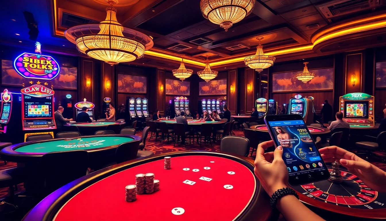 C168 players enjoying thrilling moments at poker tables and slot machines in a luxurious casino setting.