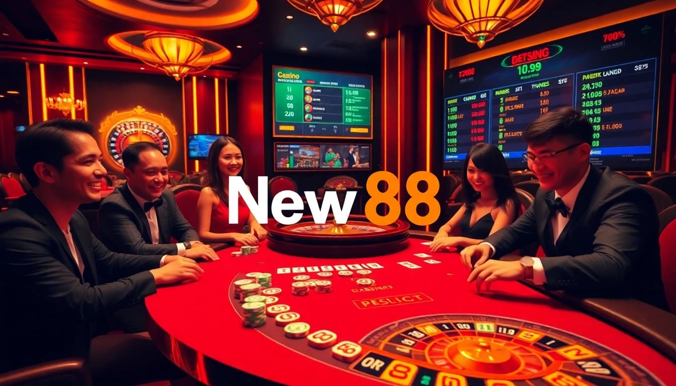 Players enjoying a thrilling game at New 88 casino table with vibrant chips and cards.