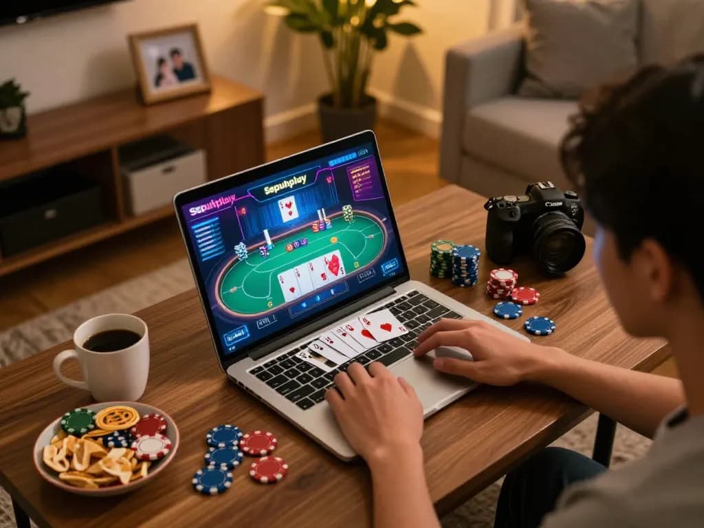 Engaged player enjoying poker at Sepuhplay with vibrant interface on laptop in cozy home setting.