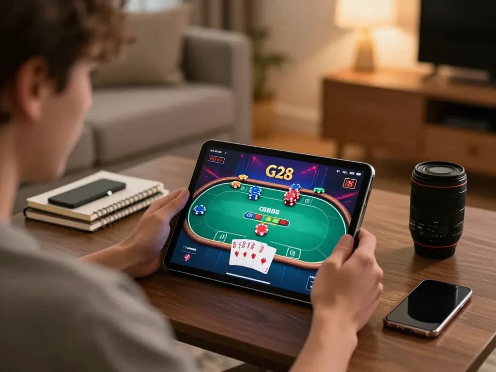 Player engaging in online gambling at G28, showcasing vibrant poker game on tablet in cozy living room.