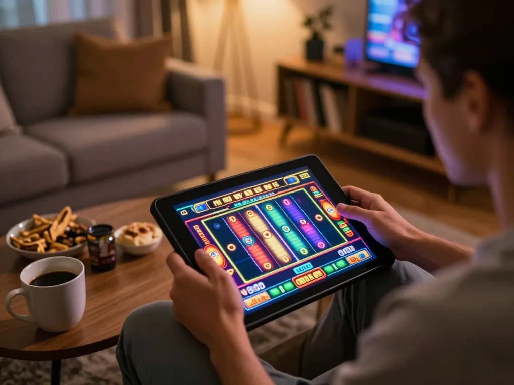 SLOT GACOR 777 player enjoying a slot game on tablet in cozy living room