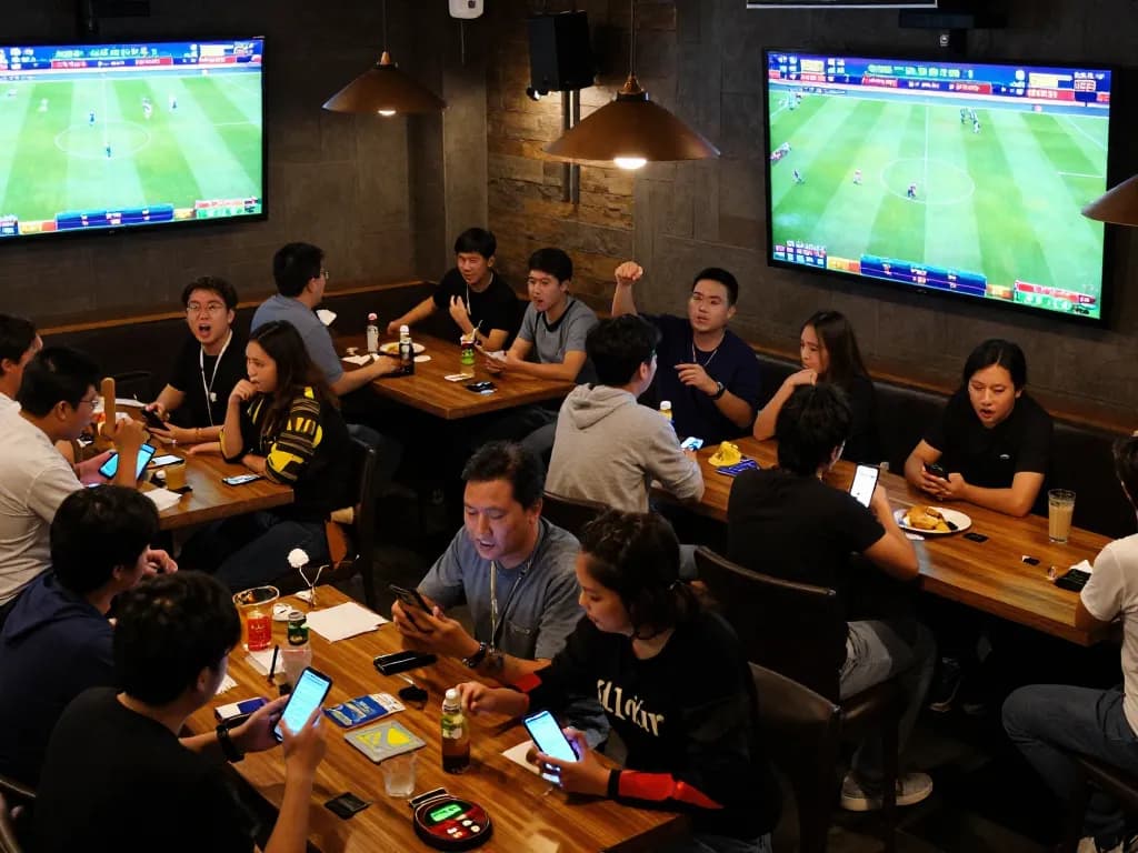 Betting excitement at a sports bar, engaging with kèo nhà cái for real-time gaming strategies.
