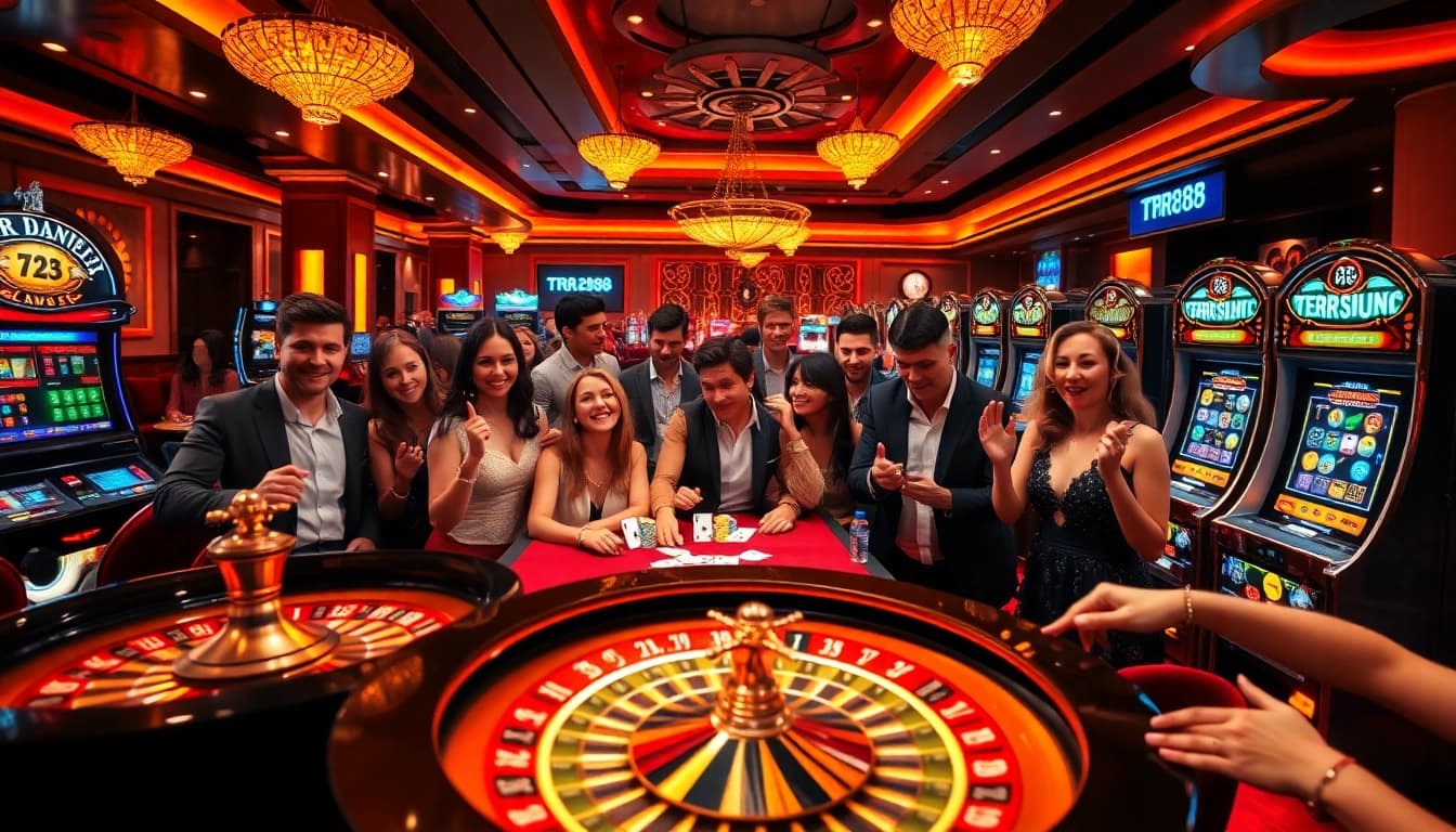 Engaging TR88 casino scene with players at roulette and slot machines.