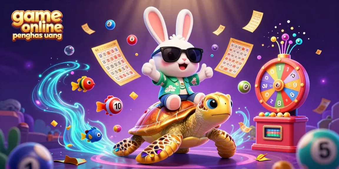 Game online penghasil uang menunjukkan kelinci bahagia dan kura-kura emas dalam ilustrasi ceria.