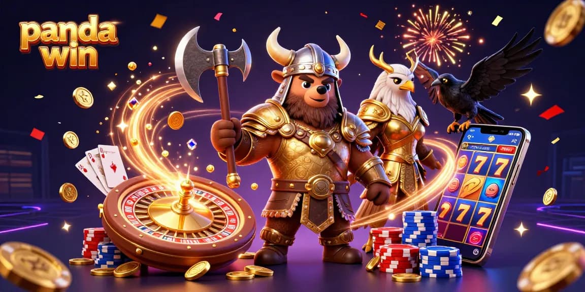 Panda win showcases a vibrant 3D casino scene with cartoon Viking and eagle celebrating wins.