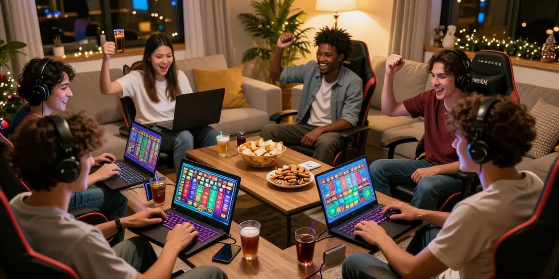 Exciting group gaming session with players enjoying tempototo login on laptops and mobile devices in a cozy living room.