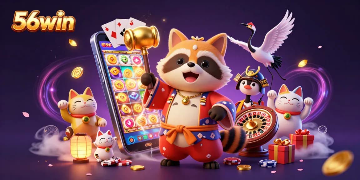 Engage in thrilling slot games with 56win’s vibrant and dynamic illustration featuring cheerful casino characters.
