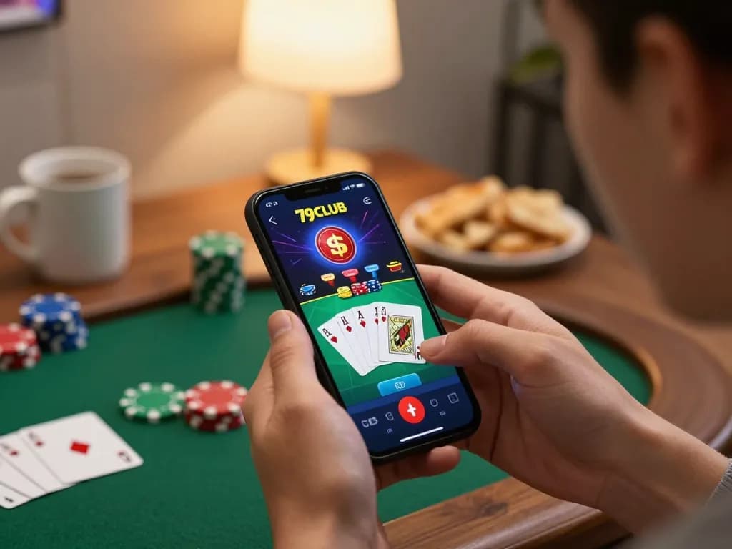 Player enjoying the 79club casino app on their phone, showing an engaging poker game.