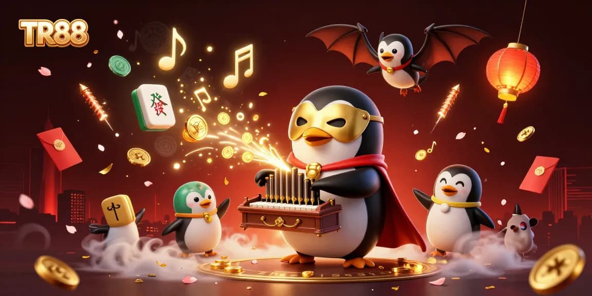 TR88 character-themed casino illustration featuring a vibrant penguin and acrobat amidst golden elements.