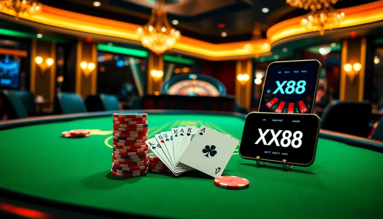 Experience thrilling poker gameplay at XX88 with professional ambiance and exciting bets.
