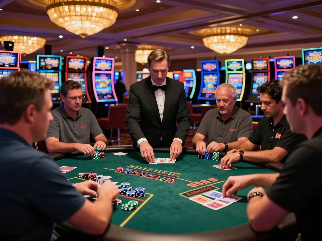 Players engaged at a blackjack table in a Las Vegas casino during hargatoto betting session.