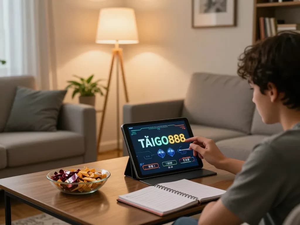 TẢI GO88 on tablet during a cozy home gaming session with snacks and strategy notes.