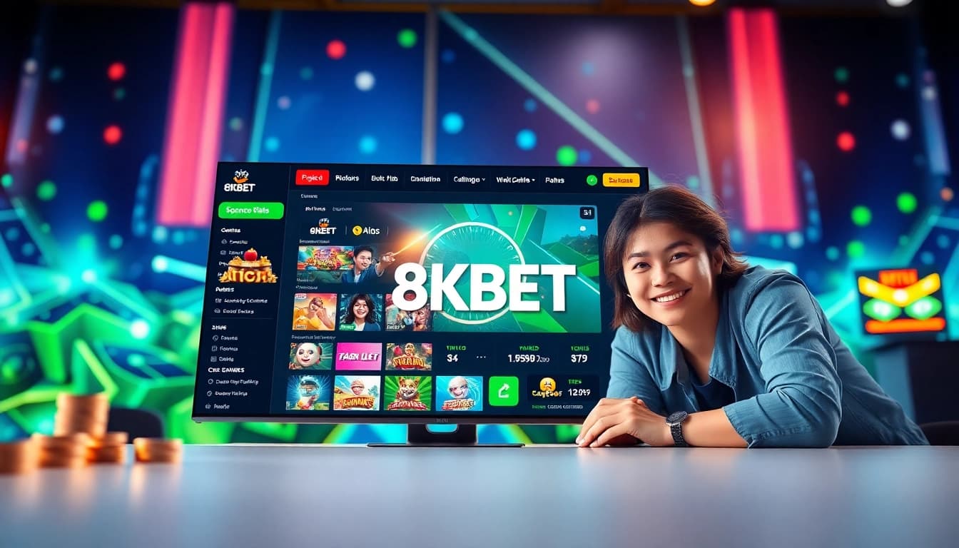 Interactive 8KBET online gaming platform showcasing sports betting and casino games.