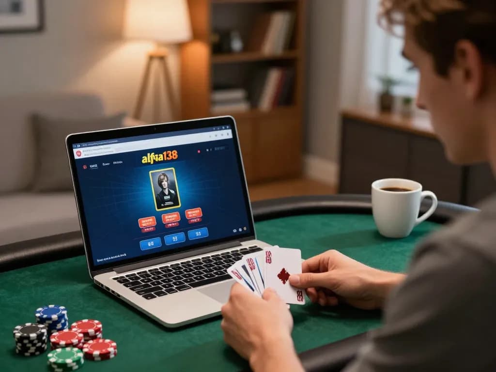 Player enjoying alfa138 online poker, illustrating strategic gameplay in a cozy home setting.