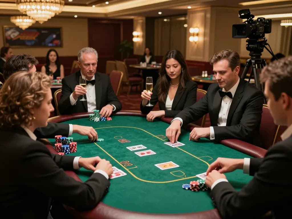 Players intensely focused on a poker hand, showcasing CM88 COM excitement in a luxurious casino setting.