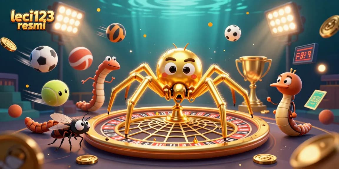 Place bets at leci123 resmi as a golden spider spins a roulette web in a vibrant casino scene.
