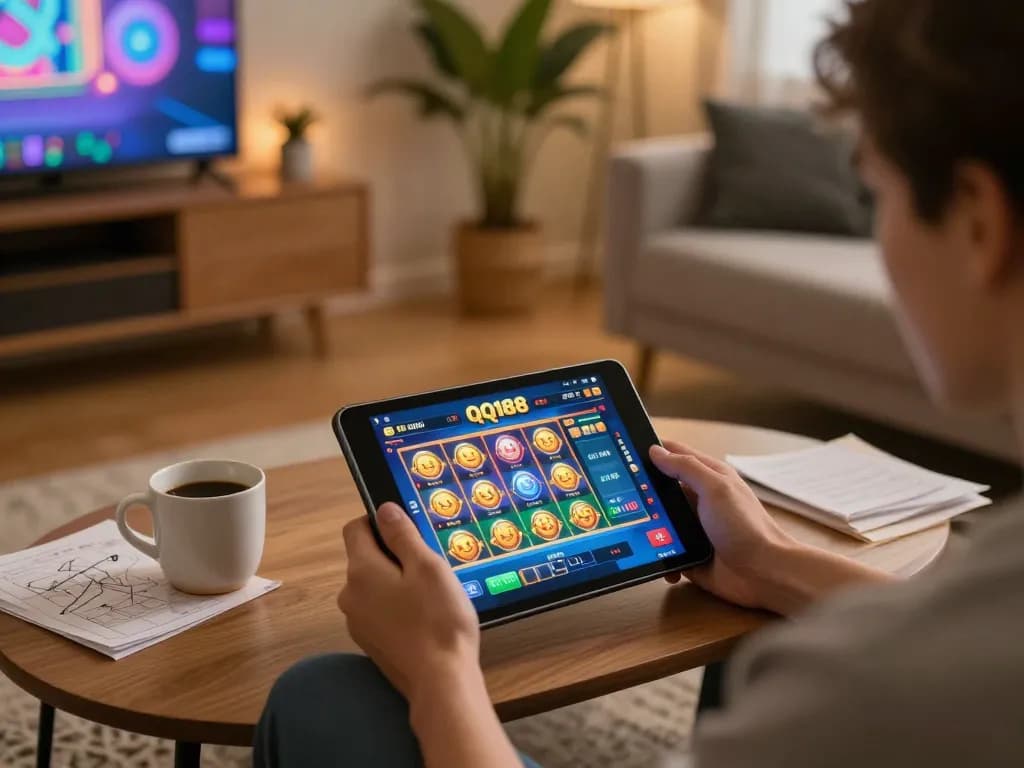 Bermain game Slot QQ188 di tablet dalam suasana rumah yang nyaman dengan catatan strategis