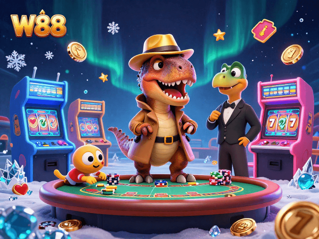 Engage in thrilling blackjack action with W88's cartoon velociraptor at the casino table.