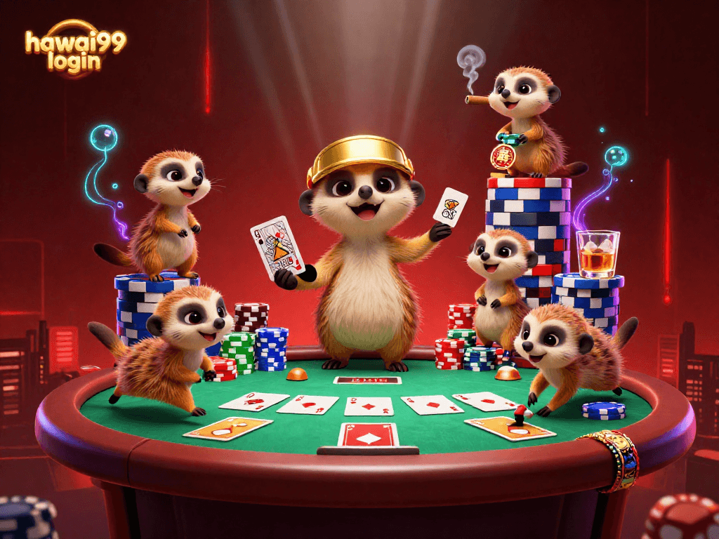 The busy casino scene with meerkats showcases hawai99 login through vibrant gaming action, highlighting dynamic play elements and lively interactions.