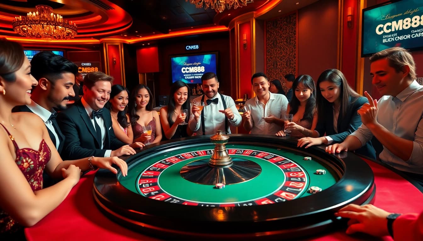Excited gamblers engaging at a roulette table with CM88 odds displayed, embodying the thrill of casino gaming.