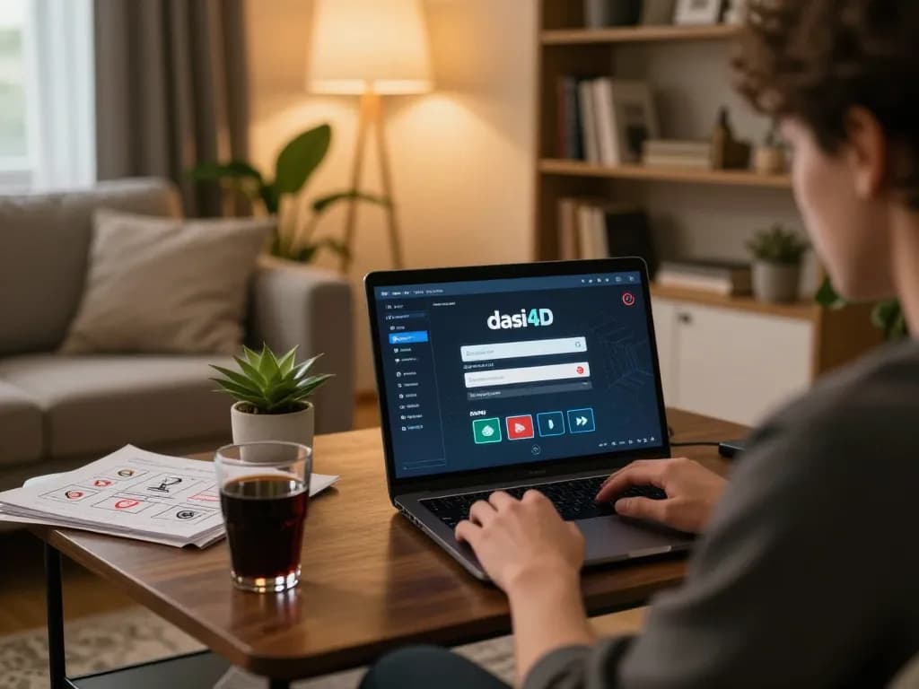 Antarmuka login Dasi4D ditampilkan di laptop saat pengguna menikmati sesi perjudian online dalam suasana yang nyaman.