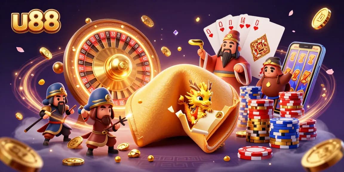 Experience thrilling wins at u88 with a dynamic illustration of gaming elements and fortune!