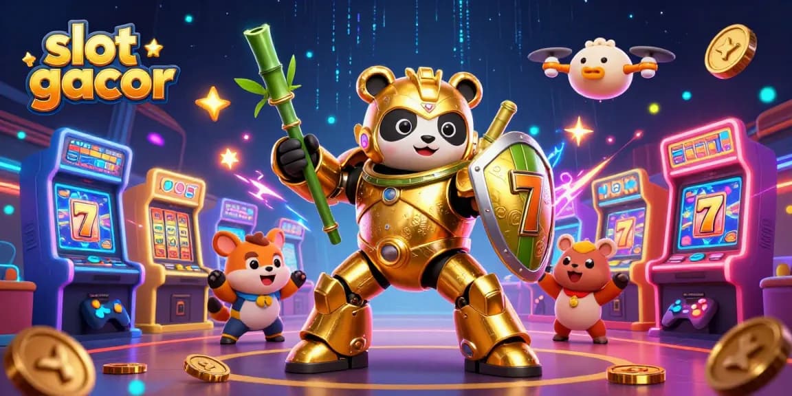 Menangkan slot gacor sambil menyaksikan panda emas pilot robot kota, dengan simbol keberuntungan bertebaran di arena permainan.