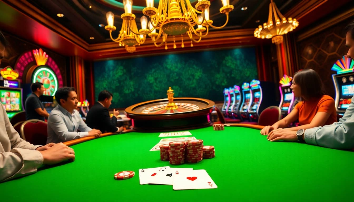 Memikat pemain di meja poker mewah di kasino Situs Gacor, chip berwarna-warni dan kartu-kartu yang ditampilkan.