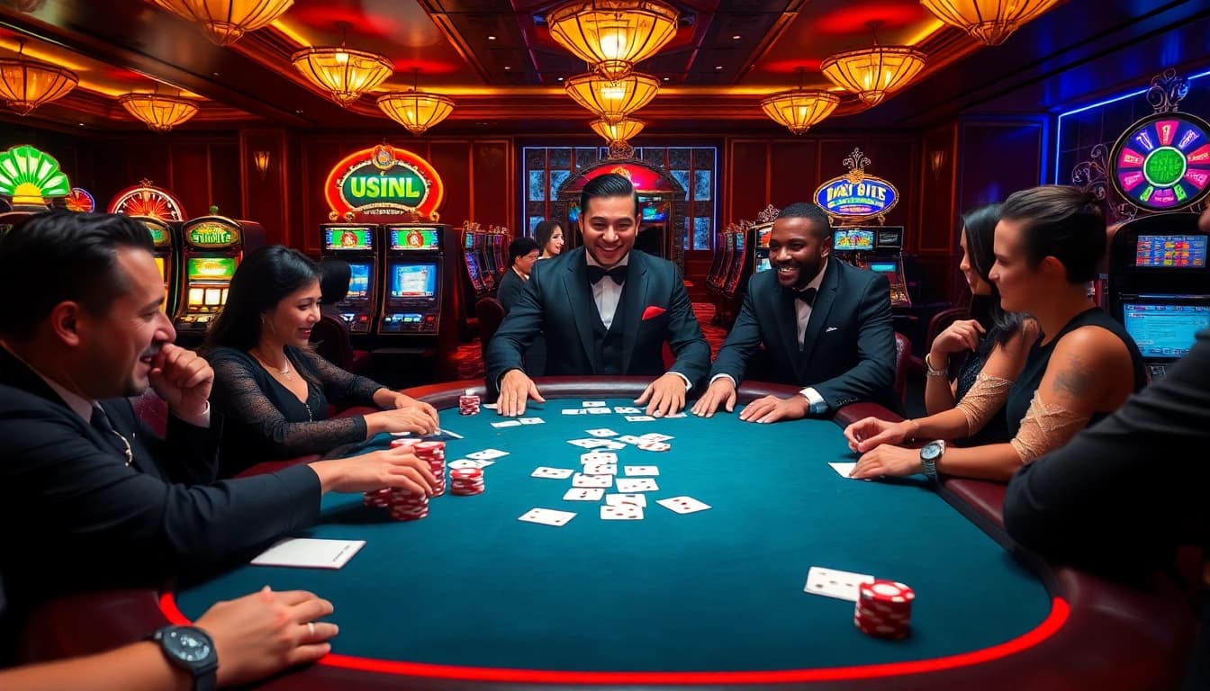 Players at 8kbet enjoy an exciting poker game amid vibrant casino decor and glowing slot machines.