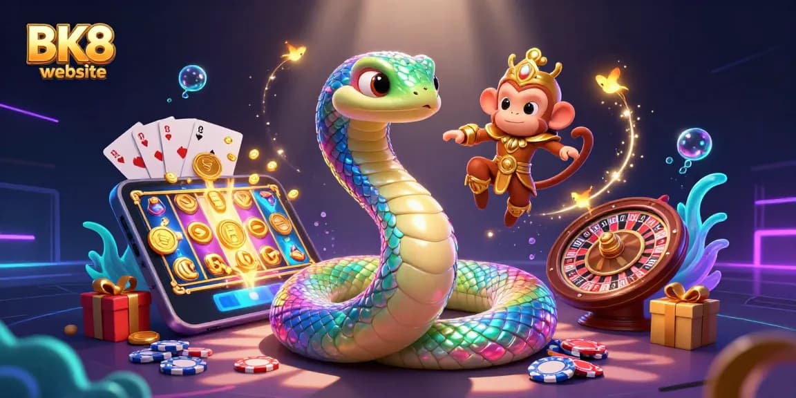 Play games and win on the BK8 website featuring vibrant characters and colorful casino elements.