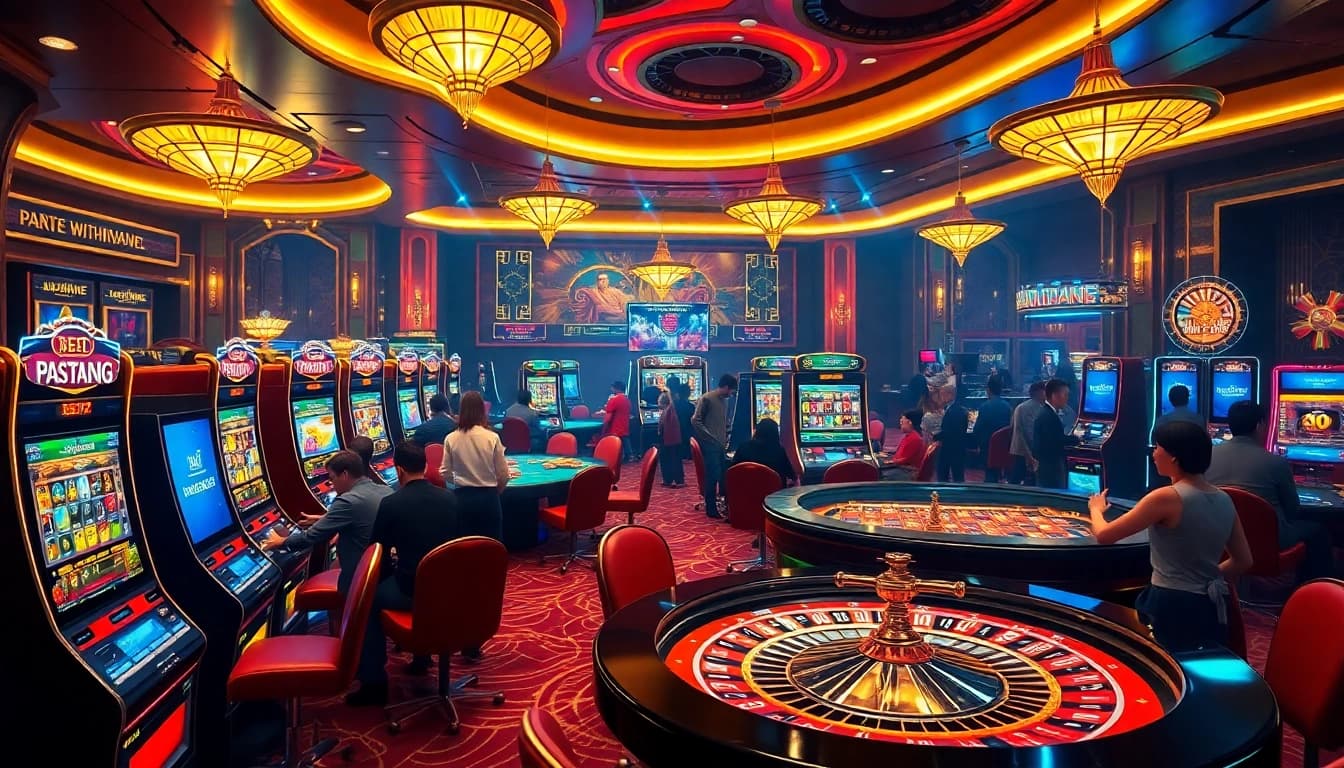 Excitement in rút tiền xn88 at a luxurious casino scene with vibrant gaming interfaces and engaged players.