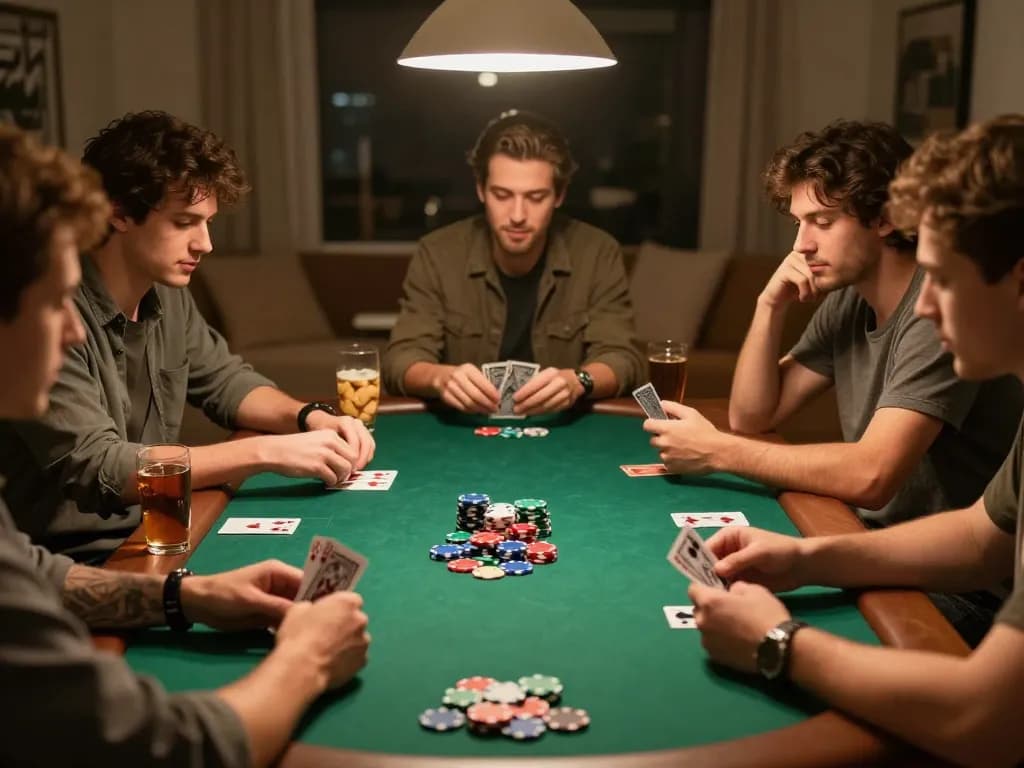 Kenzobet slot players enjoy a thrilling home poker night with strategic gameplay and lively atmosphere.