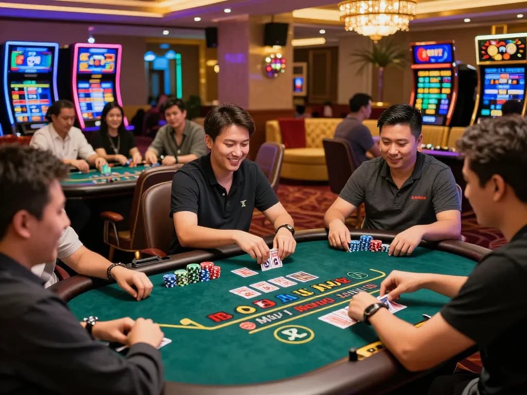 Exciting scene at Onbet Casino with players enjoying Baccarat and Mậu Binh in a vibrant environment.