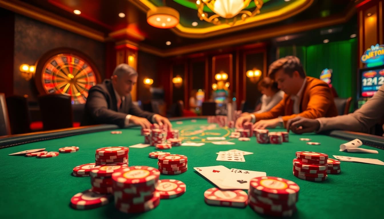 Experience intense gameplay at the CM 88 poker table with vibrant chips and a roulette wheel in view.