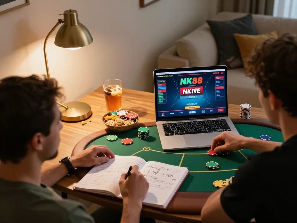 Player enjoying NK88 online poker game at home with snacks and strategy notes.