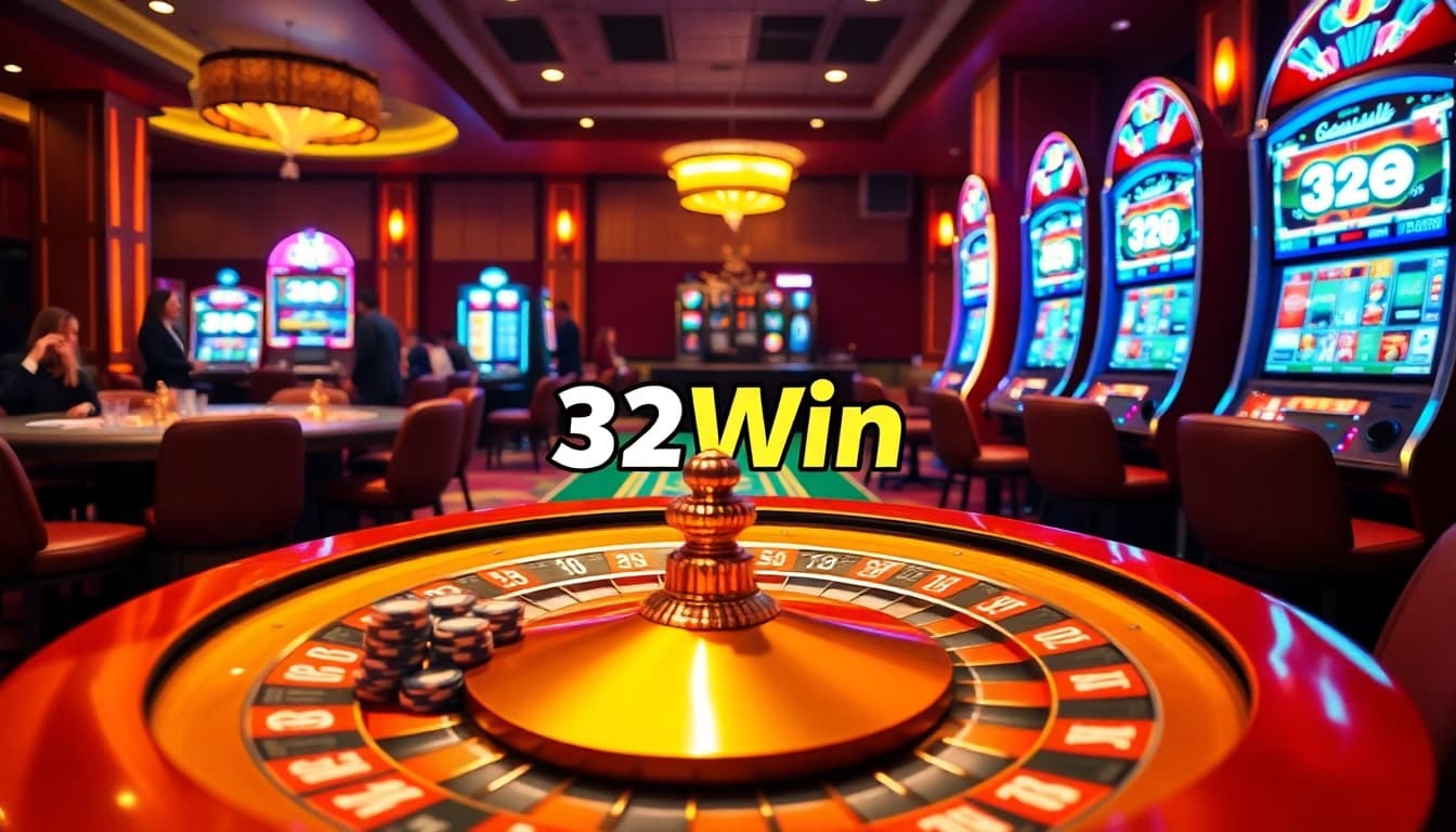 32Win casino players enjoying exciting games in a luxurious gaming environment.