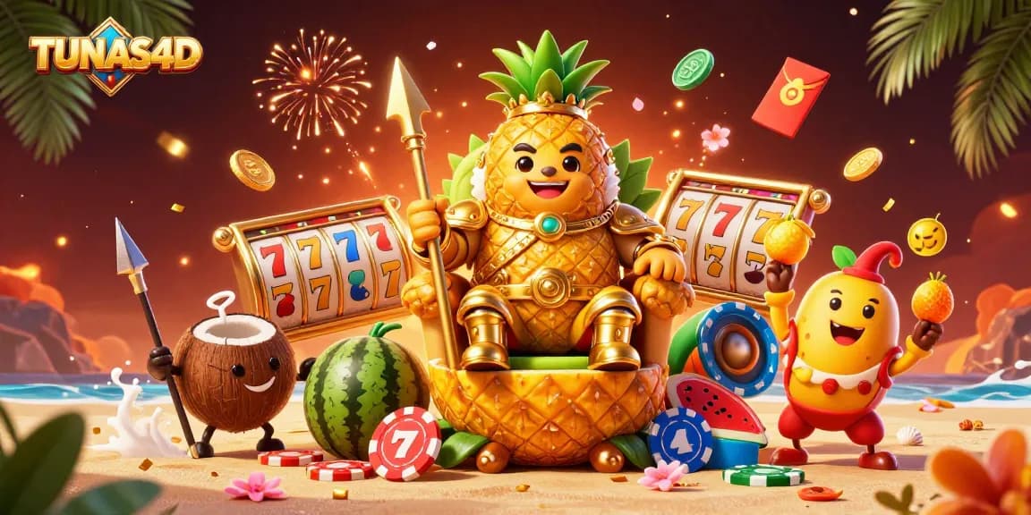 Engage with TUNAS4D, featuring a vibrant casino scene of characters amidst festive game elements.