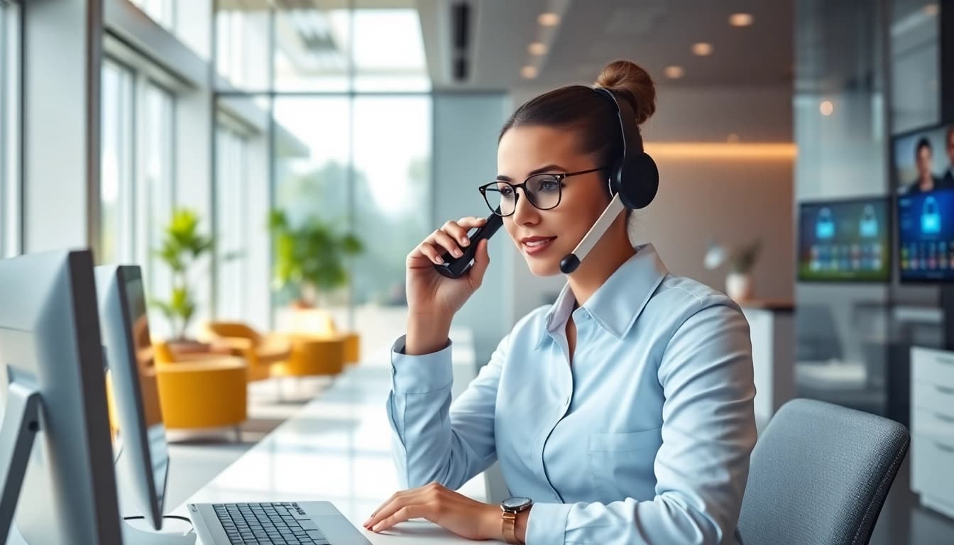 Professional AI Receptionist engaging in a call in a modern office setting.