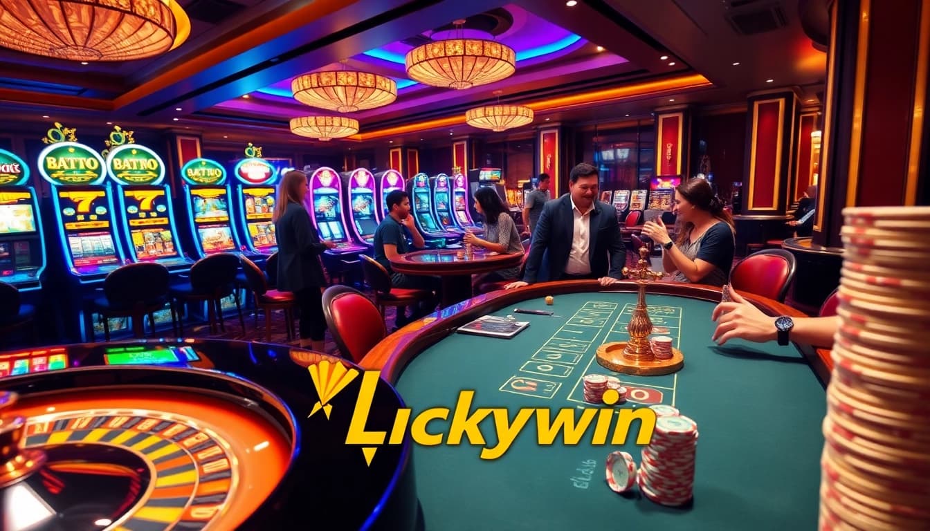 Luckywin players enjoying an exciting casino atmosphere with vibrant slot machines and roulette tables.